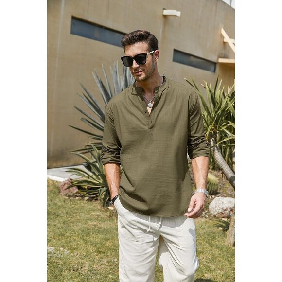 Men's Green Cotton Linen Henley Shirt Long Sleeve Hippie Casual Beach T Shirts - Picture 4 of 9